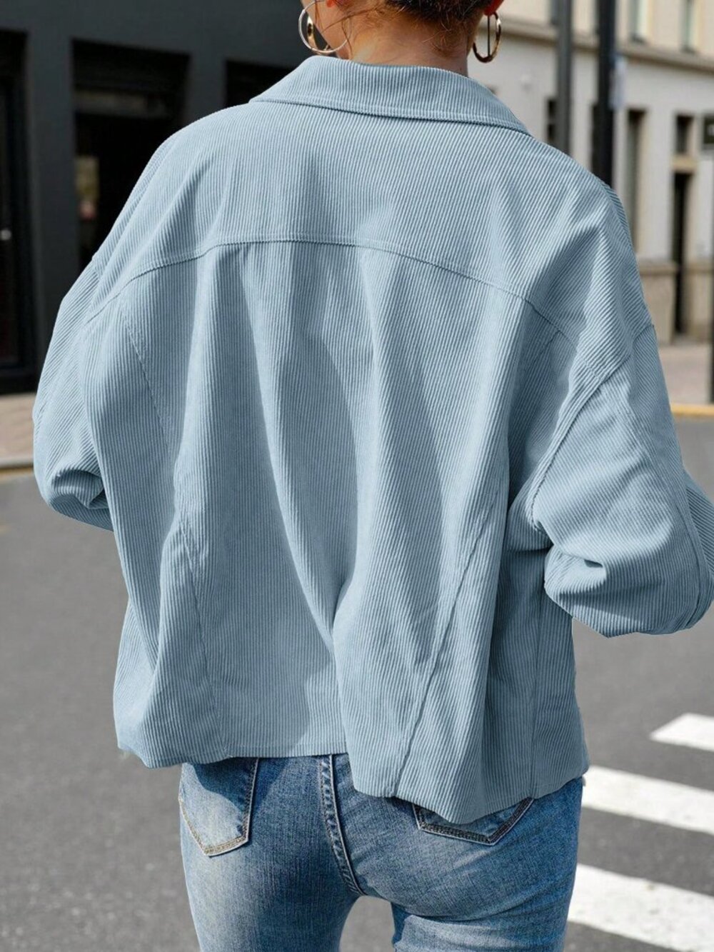 Baby Blue Casual Women's Single-Breasted Corduroy Travel Long Sleeve Jacket - Picture 2 of 4